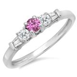0.45 Carat (ctw) 14K White Gold Round & Baguette Cut Pink Sapphire & White Diamond Ladies 3 Stone Engagement Bridal Ring