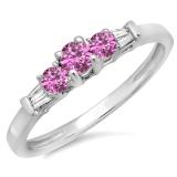 0.45 Carat (ctw) 18K White Gold Round & Baguette Cut Pink Sapphire & White Diamond Ladies 3 Stone Engagement Bridal Ring