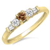 0.45 Carat (ctw) 14K Yellow Gold Round & Baguette Cut Champagne & White Diamond Ladies 3 Stone Engagement Bridal Ring