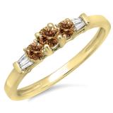0.45 Carat (ctw) 18K Yellow Gold Round & Baguette Cut Champagne & White Diamond Ladies 3 Stone Engagement Bridal Ring