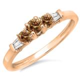 0.45 Carat (ctw) 10K Rose Gold Round & Baguette Cut White & Champagne Diamond Ladies 3 Stone Engagement Bridal Ring
