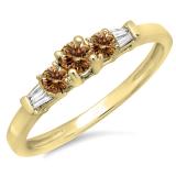 0.45 Carat (ctw) 10K Yellow Gold Round & Baguette Cut Champagne & White Diamond Ladies 3 Stone Engagement Bridal Ring