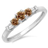 0.45 Carat (ctw) 18K White Gold Round & Baguette Cut Champagne & White Diamond Ladies 3 Stone Engagement Bridal Ring