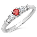 0.45 Carat (ctw) 14K White Gold Round & Baguette Cut Red Ruby & White Diamond Ladies 3 Stone Engagement Bridal Ring
