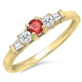 0.45 Carat (ctw) 18K Yellow Gold Round & Baguette Cut Red Ruby & White Diamond Ladies 3 Stone Engagement Bridal Ring