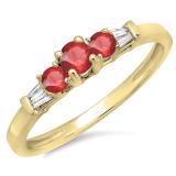 0.45 Carat (ctw) 14K Yellow Gold Round & Baguette Cut Red Ruby & White Diamond Ladies 3 Stone Engagement Bridal Ring