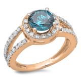2.33 Carat (ctw) 10K Rose Gold Round Blue & White Diamond Ladies Bridal Split Shank Halo Style Engagement Ring