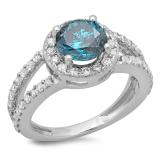 2.33 Carat (ctw) 14K White Gold Round Blue & White Diamond Ladies Bridal Split Shank Halo Style Engagement Ring
