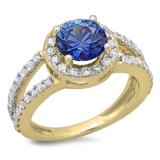 2.33 Carat (ctw) 10K Yellow Gold Round Blue Sapphire & White Diamond Ladies Bridal Split Shank Halo Style Engagement Ring