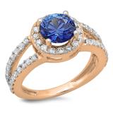 2.33 Carat (ctw) 18K Rose Gold Round Blue Sapphire & White Diamond Ladies Bridal Split Shank Halo Style Engagement Ring