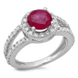 2.33 Carat (ctw) 10K White Gold Round Red Ruby & White Diamond Ladies Bridal Split Shank Halo Style Engagement Ring