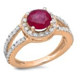 2.33 Carat (ctw) 18K Rose Gold Round Red Ruby & White Diamond Ladies Bridal Split Shank Halo Style Engagement Ring