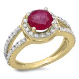 2.33 Carat (ctw) 18K Yellow Gold Round Red Ruby & White Diamond Ladies Bridal Split Shank Halo Style Engagement Ring