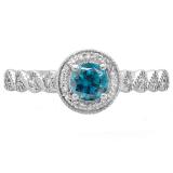 0.55 Carat (ctw) 10K White Gold Round Cut White & Blue Diamond Ladies Bridal Vintage & Antique Millgrain Halo Style Engagement Ring 1/2 CT