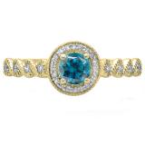0.55 Carat (ctw) 10K Yellow Gold Round Cut White & Blue Diamond Ladies Bridal Vintage & Antique Millgrain Halo Style Engagement Ring 1/2 CT