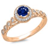 0.55 Carat (ctw) 10K Rose Gold Round Cut Blue Sapphire & White Diamond Ladies Bridal Vintage & Antique Millgrain Halo Style Engagement Ring 1/2 CT
