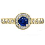 0.55 Carat (ctw) 10K Yellow Gold Round Cut Blue Sapphire & White Diamond Ladies Bridal Vintage & Antique Millgrain Halo Style Engagement Ring 1/2 CT