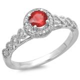 0.55 Carat (ctw) 10K White Gold Round Cut Red Ruby & White Diamond Ladies Bridal Vintage & Antique Millgrain Halo Style Engagement Ring 1/2 CT
