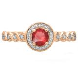 0.55 Carat (ctw) 14K Rose Gold Round Cut Red Ruby & White Diamond Ladies Bridal Vintage & Antique Millgrain Halo Style Engagement Ring 1/2 CT