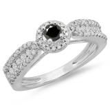 0.80 Carat (ctw) 14K White Gold Round Cut White & Black Diamond Ladies Bridal Vintage Halo Style Engagement Ring 3/4 CT