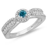 0.80 Carat (ctw) 10K White Gold Round Cut White & Blue Diamond Ladies Bridal Vintage Halo Style Engagement Ring 3/4 CT