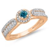 0.80 Carat (ctw) 14K Rose Gold Round Cut White & Blue Diamond Ladies Bridal Vintage Halo Style Engagement Ring 3/4 CT