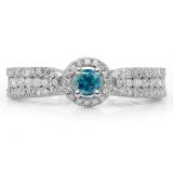 0.80 Carat (ctw) 14K White Gold Round Cut White & Blue Diamond Ladies Bridal Vintage Halo Style Engagement Ring 3/4 CT
