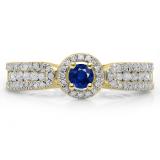 0.80 Carat (ctw) 18K Yellow Gold Round Cut Blue Sapphire & White Diamond Ladies Bridal Vintage Halo Style Engagement Ring 3/4 CT