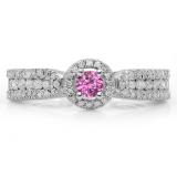 0.80 Carat (ctw) 14K White Gold Round Cut Pink Sapphire & White Diamond Ladies Bridal Vintage Halo Style Engagement Ring 3/4 CT