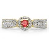 0.80 Carat (ctw) 14K Yellow Gold Round Cut Red Ruby & White Diamond Ladies Bridal Vintage Halo Style Engagement Ring 3/4 CT