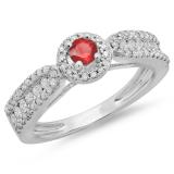 0.80 Carat (ctw) 18K White Gold Round Cut Red Ruby & White Diamond Ladies Bridal Vintage Halo Style Engagement Ring 3/4 CT