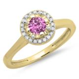 0.50 Carat (ctw) 10K Yellow Gold Round Pink Sapphire & White Diamond Ladies Bridal Halo Style Engagement Ring 1/2 CT