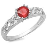 0.60 Carat (ctw) 18K White Gold Round Cut Red Ruby & White Diamond Ladies Bridal Vintage Style Engagement Ring
