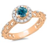 0.80 Carat (ctw) 14K Rose Gold Round Cut Blue & White Diamond Ladies Bridal Vintage Halo Style Engagement Ring 3/4 CT