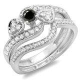 0.75 Carat (ctw) 10K White Gold Round Black & White Diamond Ladies Bridal Engagement Ring With Two Wedding Bands 3 Piece Set 3/4 CT
