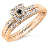 0.15 Carat (ctw) 14K Rose Gold Round Black & White Diamond Ladies Halo Engagement Bridal Ring Set Matching Wedding Band