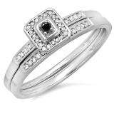 0.15 Carat (ctw) 14K White Gold Round Black & White Diamond Ladies Halo Engagement Bridal Ring Set Matching Wedding Band
