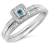 0.15 Carat (ctw) 10K White Gold Round Blue & White Diamond Ladies Halo Engagement Bridal Ring Set Matching Wedding Band