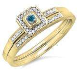 0.15 Carat (ctw) 14K Yellow Gold Round Blue & White Diamond Ladies Halo Engagement Bridal Ring Set Matching Wedding Band