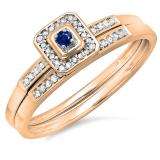 0.15 Carat (ctw) 10K Rose Gold Round Blue Sapphire & White Diamond Ladies Halo Engagement Bridal Ring Set Matching Wedding Band