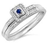 0.15 Carat (ctw) 14K White Gold Round Blue Sapphire & White Diamond Ladies Halo Engagement Bridal Ring Set Matching Wedding Band