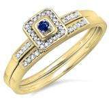 0.15 Carat (ctw) 14K Yellow Gold Round Blue Sapphire & White Diamond Ladies Halo Engagement Bridal Ring Set Matching Wedding Band