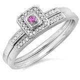 0.15 Carat (ctw) 10K White Gold Round Pink Sapphire & White Diamond Ladies Halo Engagement Bridal Ring Set Matching Wedding Band