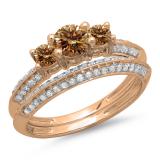 1.05 Carat (ctw) 10K Rose Gold Round Cut Champagne & White Diamond Ladies 3 Stone Bridal Engagement Ring With Matching Band Set 1 CT