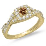 0.75 Carat (ctw) 14K Yellow Gold Round Cut Champagne & White Diamond Ladies Bridal Swirl Split Shank Halo Engagement Ring 3/4 CT
