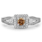 0.40 Carat (ctw) 10K White Gold Round Cut Champagne & White Diamond Ladies Bridal Vintage Halo Style Engagement Ring