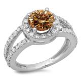 2.33 Carat (ctw) 10K White Gold Round Champagne & White Diamond Ladies Bridal Split Shank Halo Style Engagement Ring