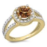 2.33 Carat (ctw) 10K Yellow Gold Round Champagne & White Diamond Ladies Bridal Split Shank Halo Style Engagement Ring