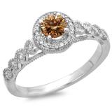 0.55 Carat (ctw) 10K White Gold Round Cut White & Champagne Diamond Ladies Bridal Vintage & Antique Millgrain Halo Style Engagement Ring 1/2 CT