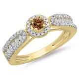 0.80 Carat (ctw) 14K Yellow Gold Round Cut White & Champagne Diamond Ladies Bridal Vintage Halo Style Engagement Ring 3/4 CT